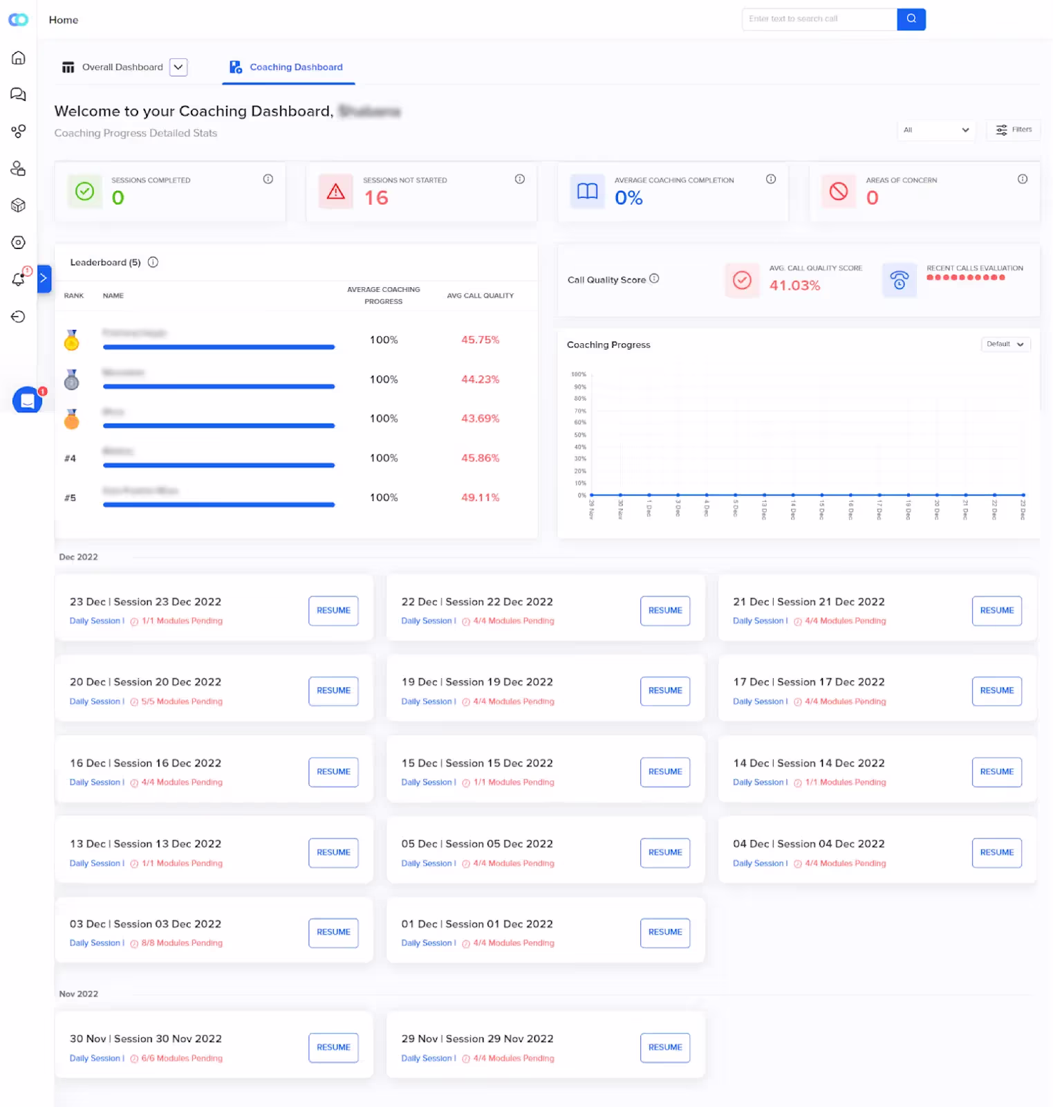 Callveriq call center coaching dashboard