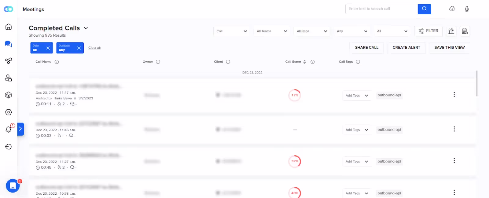 Meetings dashboard to navigate to Callveriq quality assurance