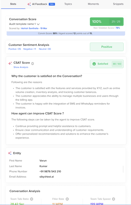 Agents can see what went right or wrong on each call with detailed reasoning for a customer's satisfaction level