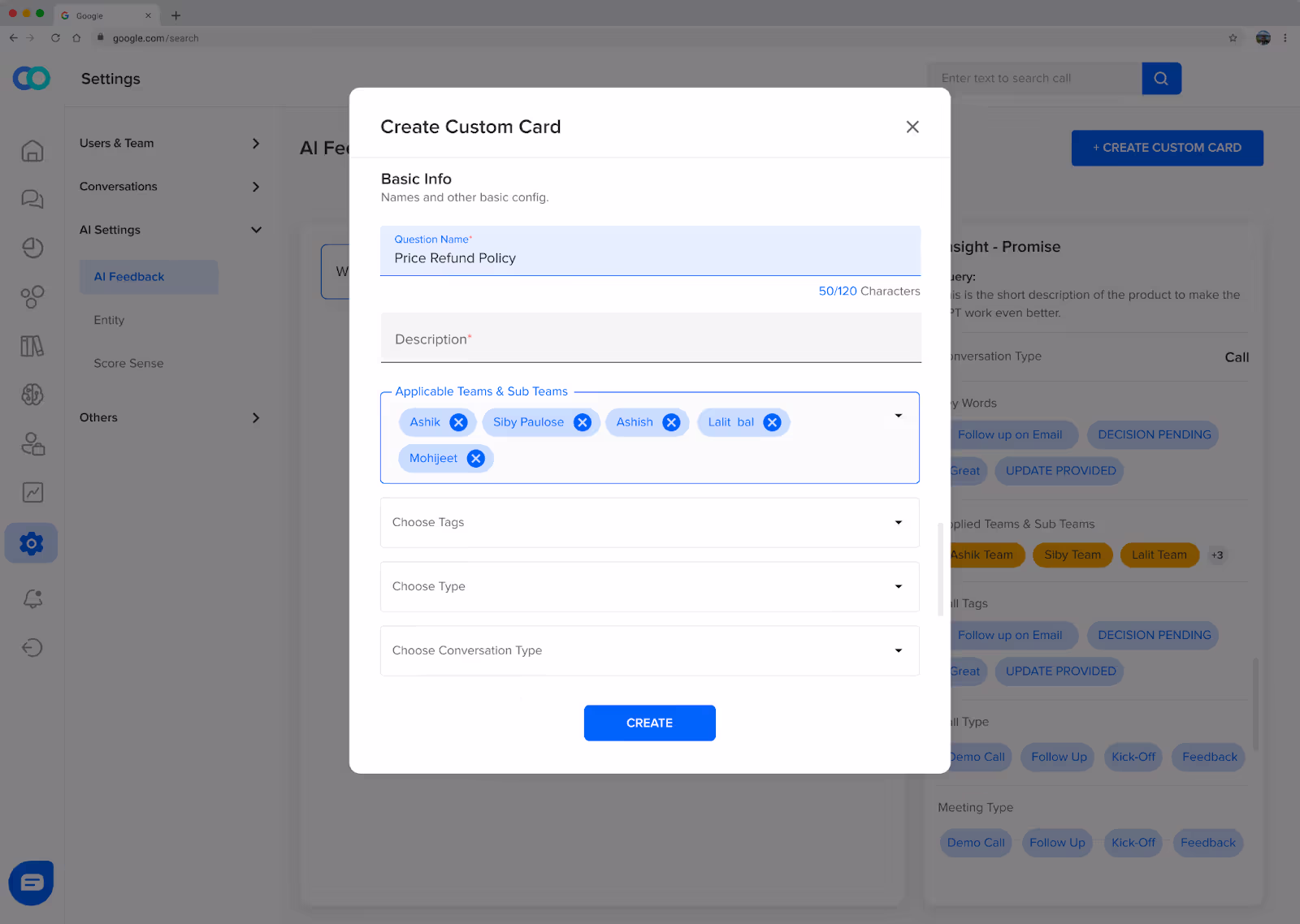 Customizable questions for AI Feedback