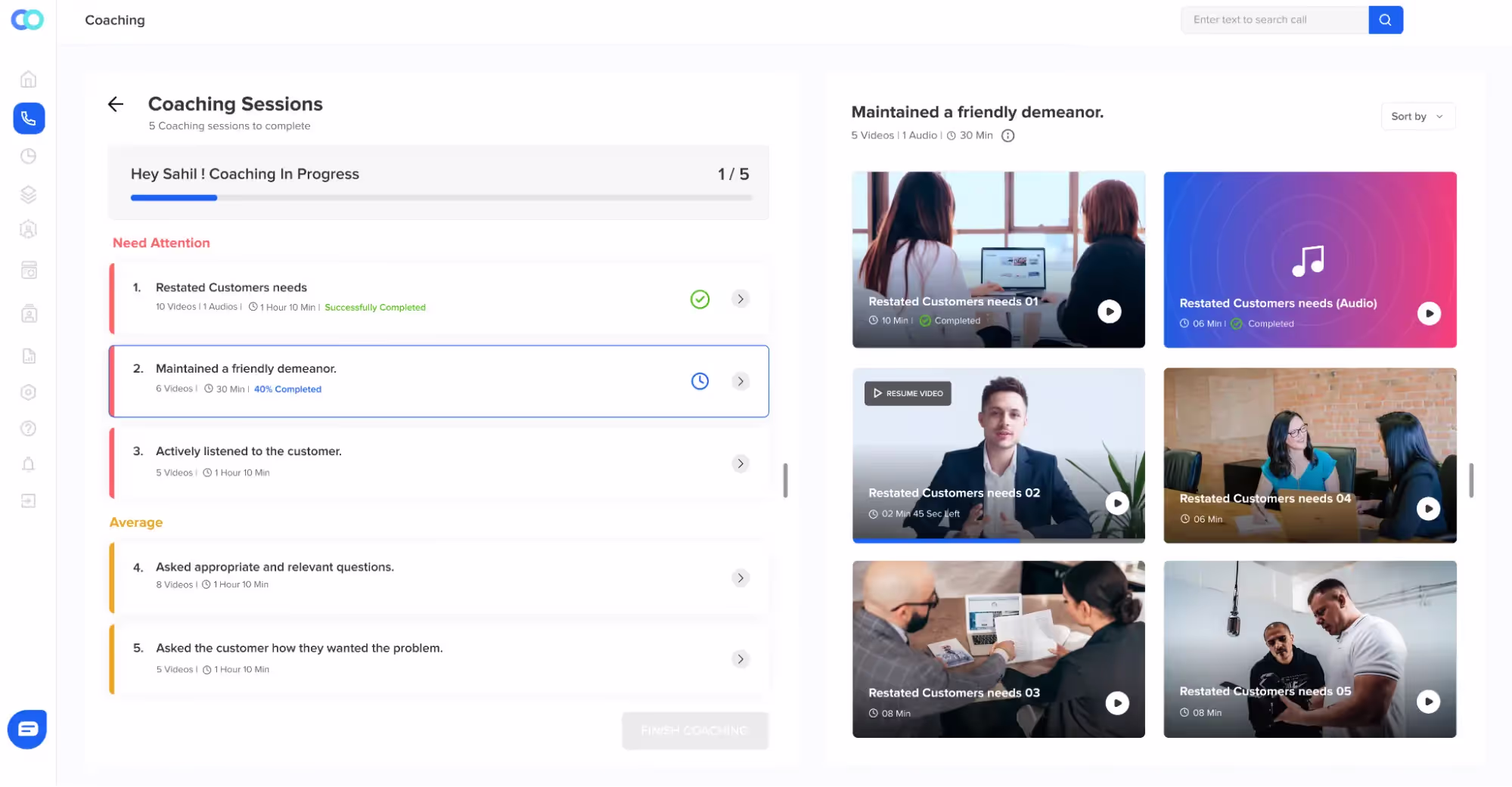Callveriq software agent page offering suggestions for coaching sessions
