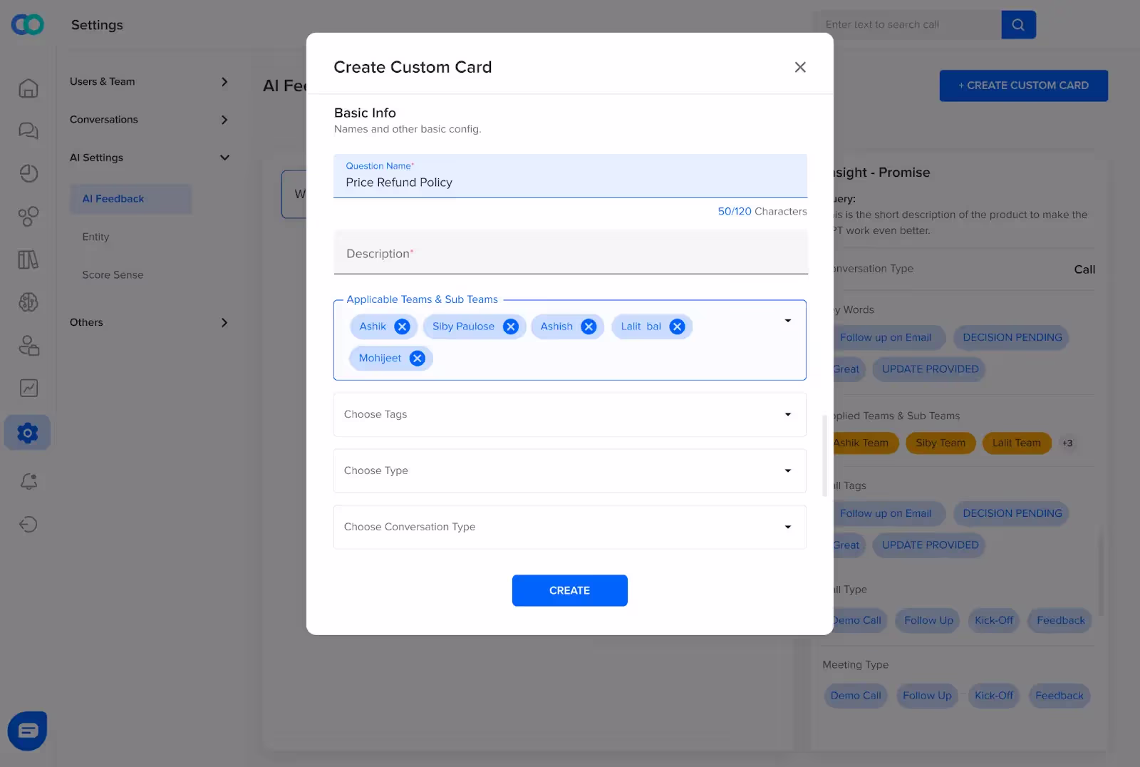 Questions that can be customized for generative AI feedback