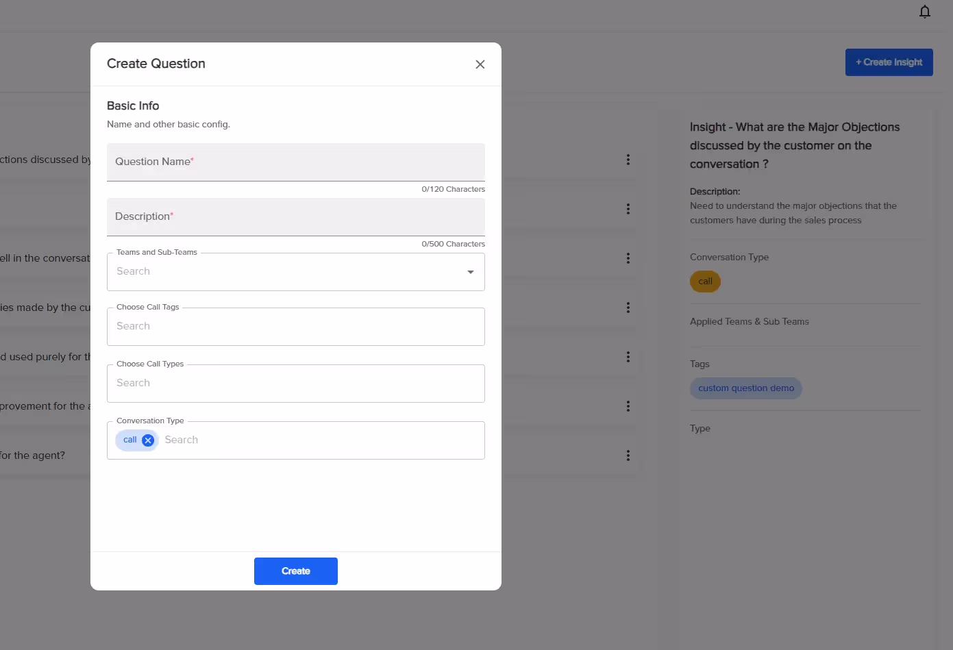 Screen showing a new question setup for generating granular customer insights