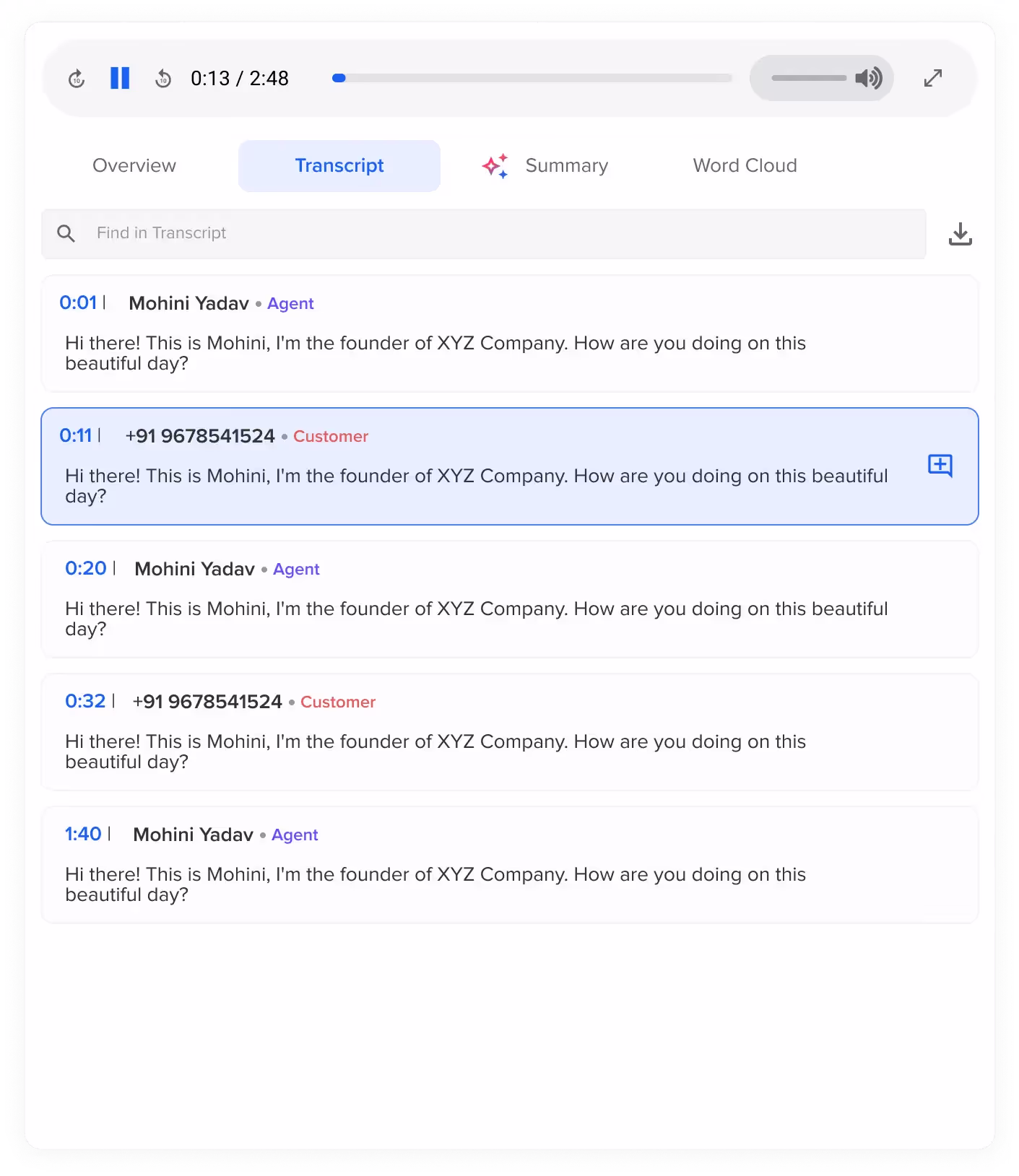Callveriq’s audio transcription software transcribes audio to text from a customer call.
