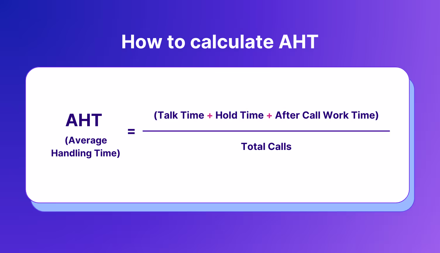 AHT (Average Handling Time) = (Talk Time + Hold Time + After Call Work Time) / Total Calls