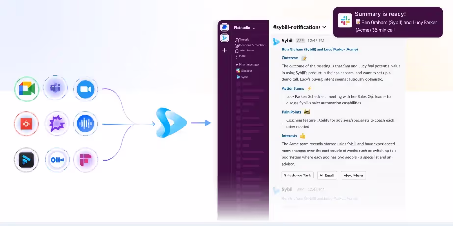 Get precise sales call summaries sent to Slack/CRM automatically created by Sybill's AI