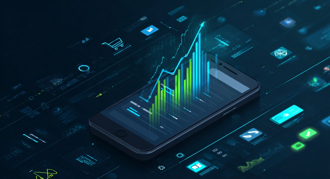  Boost website conversions with modern mobile tools showing a smartphone, rising charts, and digital checkout icons