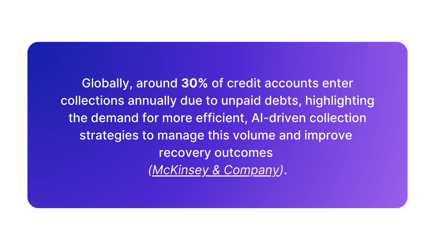 Globally, around 30% of credit accounts enter collections annually due to unpaid debts, highlighting the demand for more efficient, AI-driven collection strategies to manage this volume and improve recovery outcomes (McKinsey & Company).