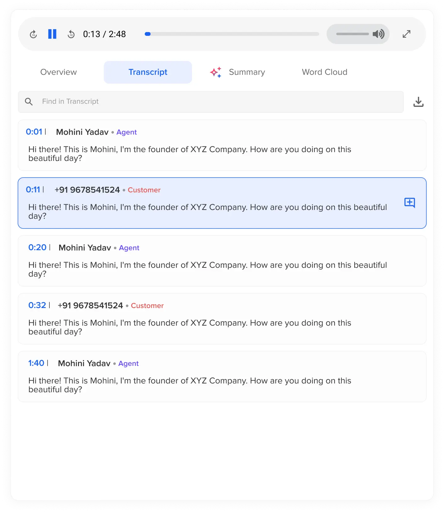 Screenshot of Callveriq’s audio transcription software transcribing audio to text from a customer call