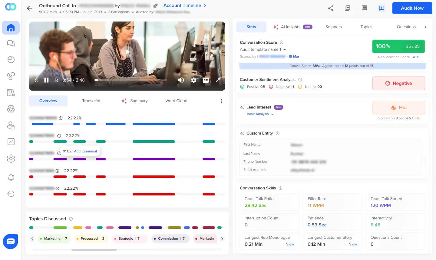 Transcriber software provides recorded call transcription stats on Callveriq dashboard
