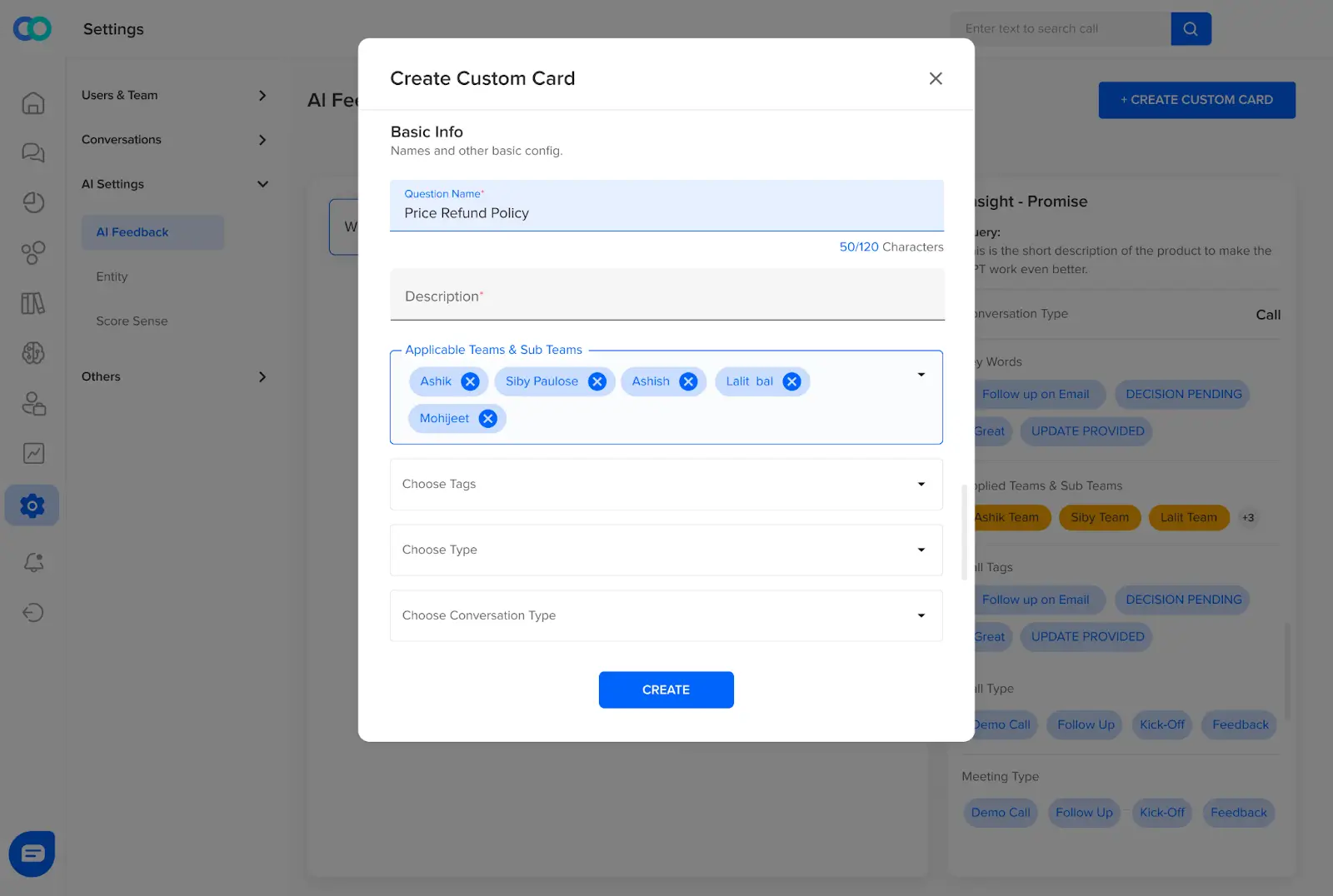 Questions that can be customized for generative AI feedback