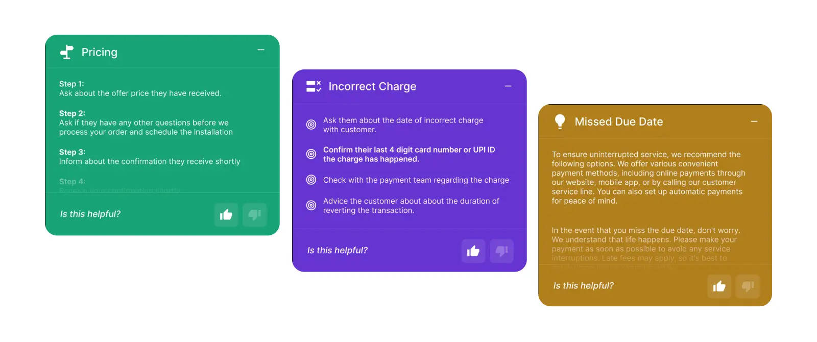 Various battlecards in Callveriq’s Agent Assist