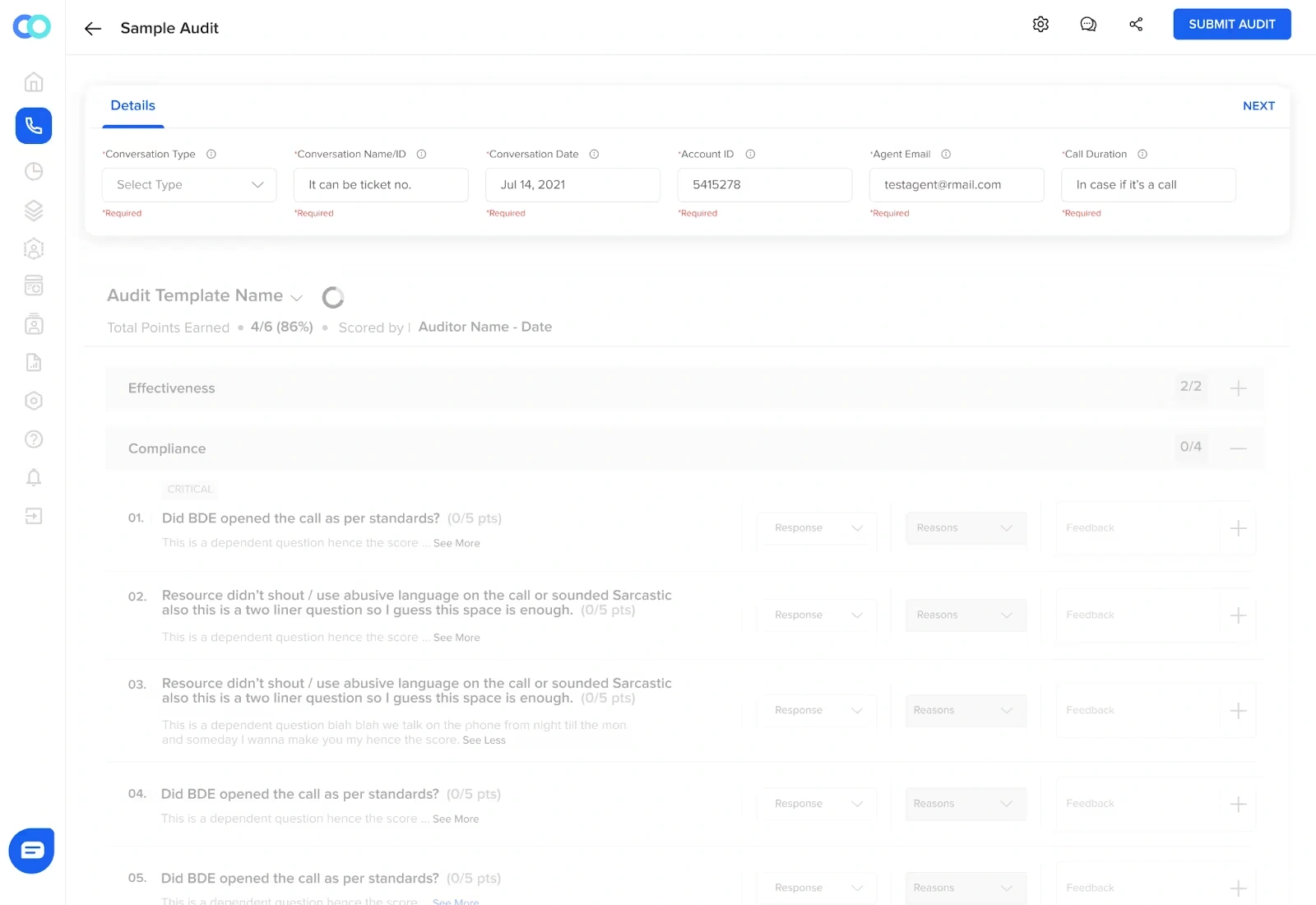 A sample audit section of the Callveriq call center automation solution