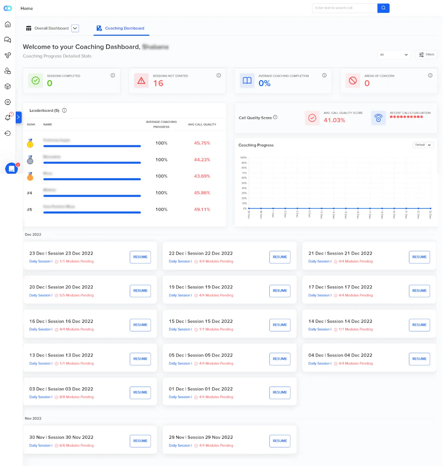 Callveriq call center coaching dashboard
