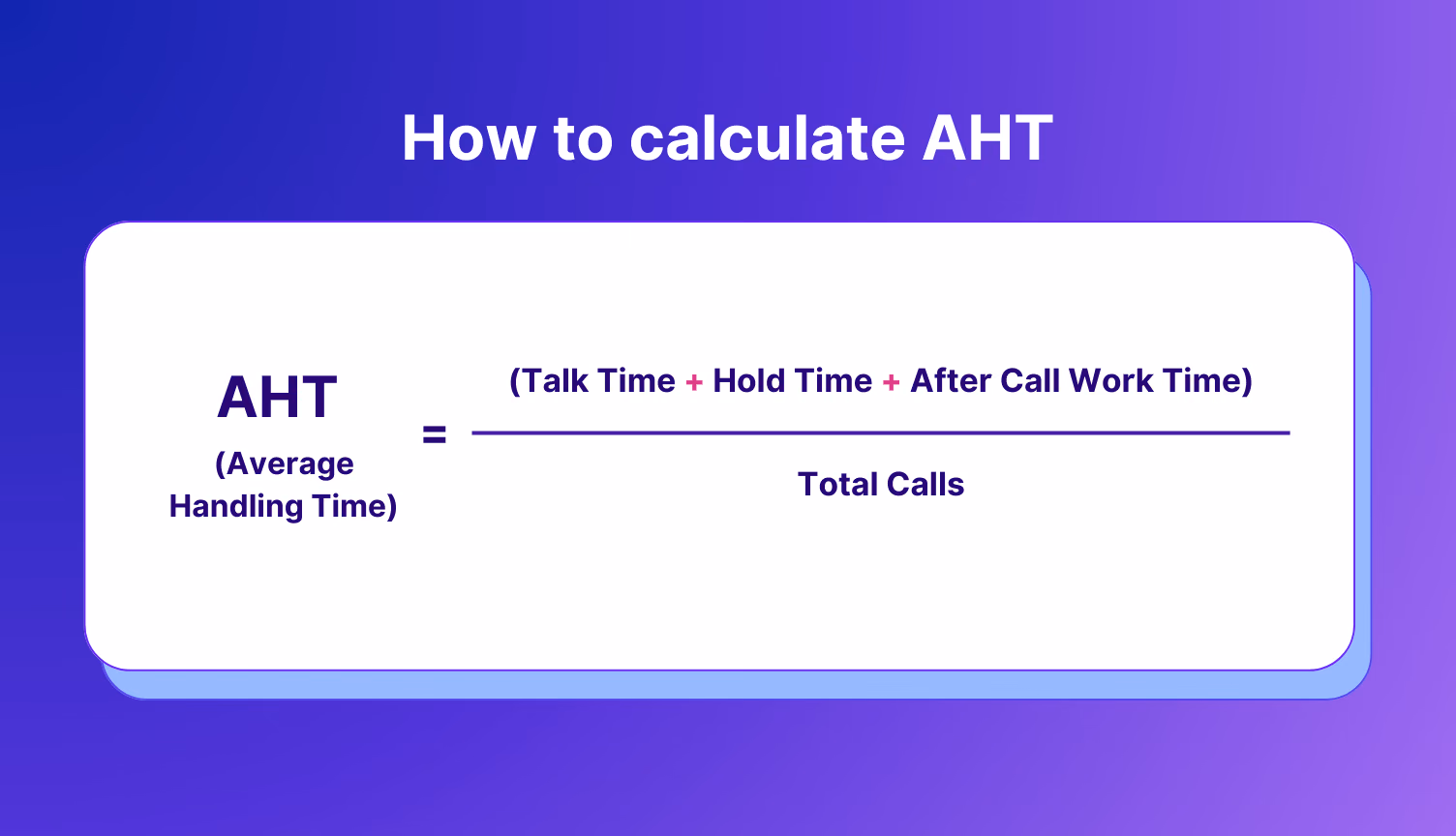 AHT (Average Handling Time) = (Talk Time + Hold Time + After Call Work Time) / Total Calls