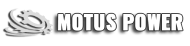 Motus Power company logo with gear and swoosh design in white on black background.