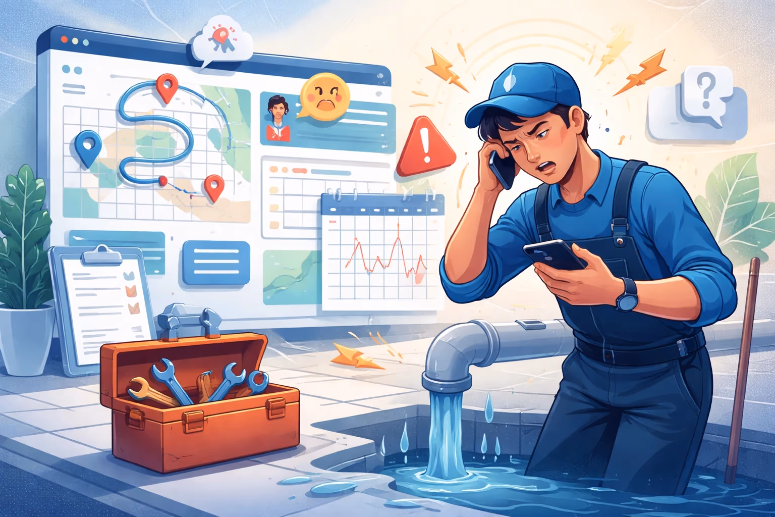 Stressed technician with field service management software
