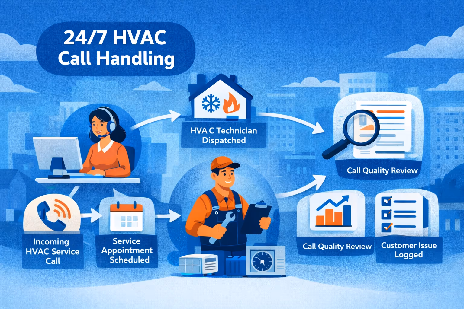 Visual flow of HVAC service calls from intake to resolution