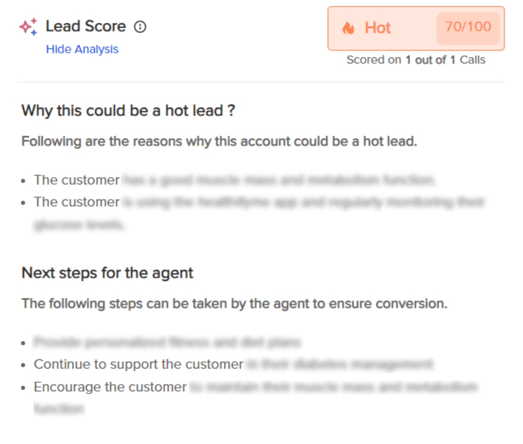 The lead score classification explains why a lead is categorized accordingly and the next steps for the rep.