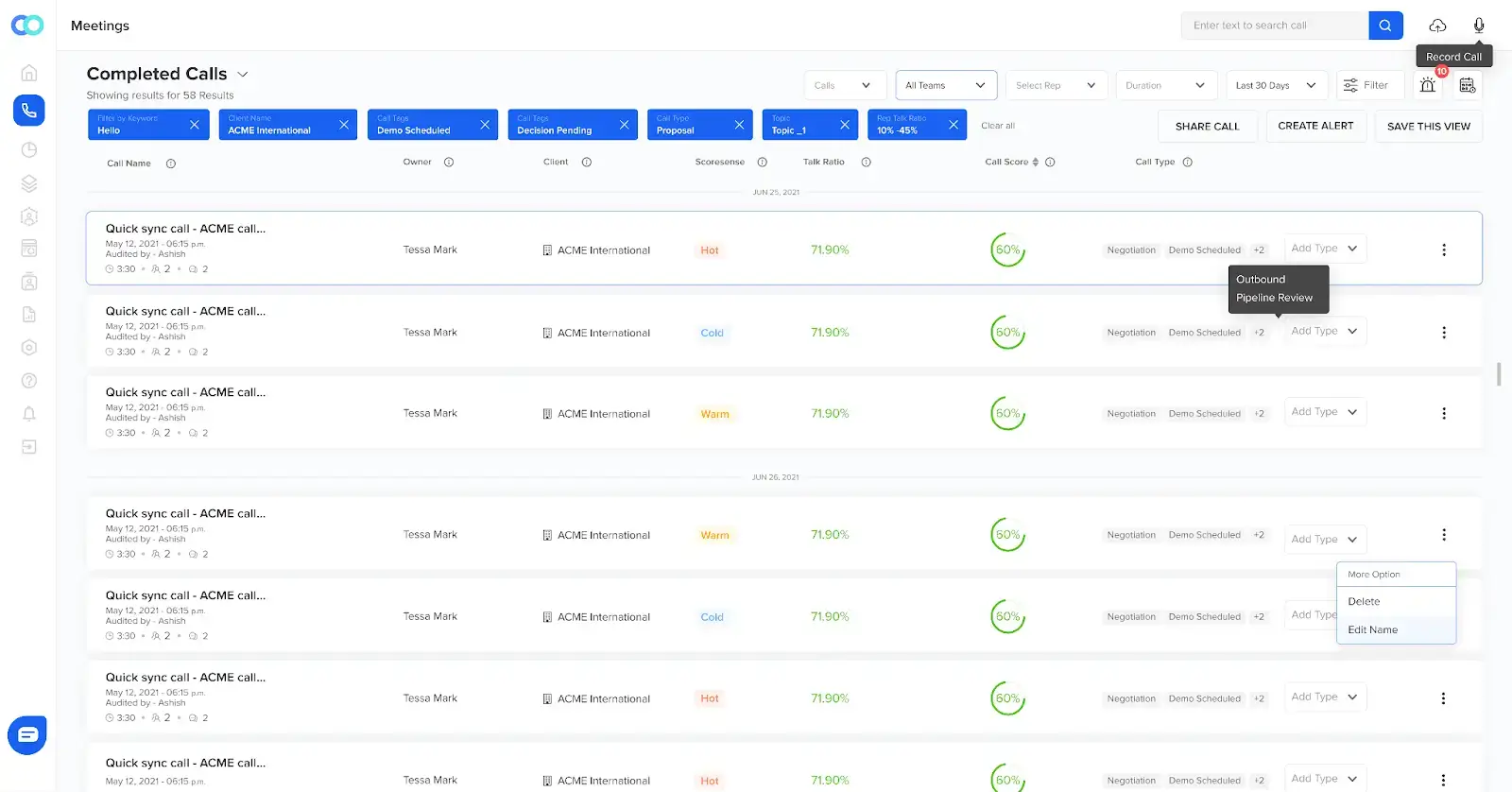The dashboard displays the lead scores that are assigned to each conversation